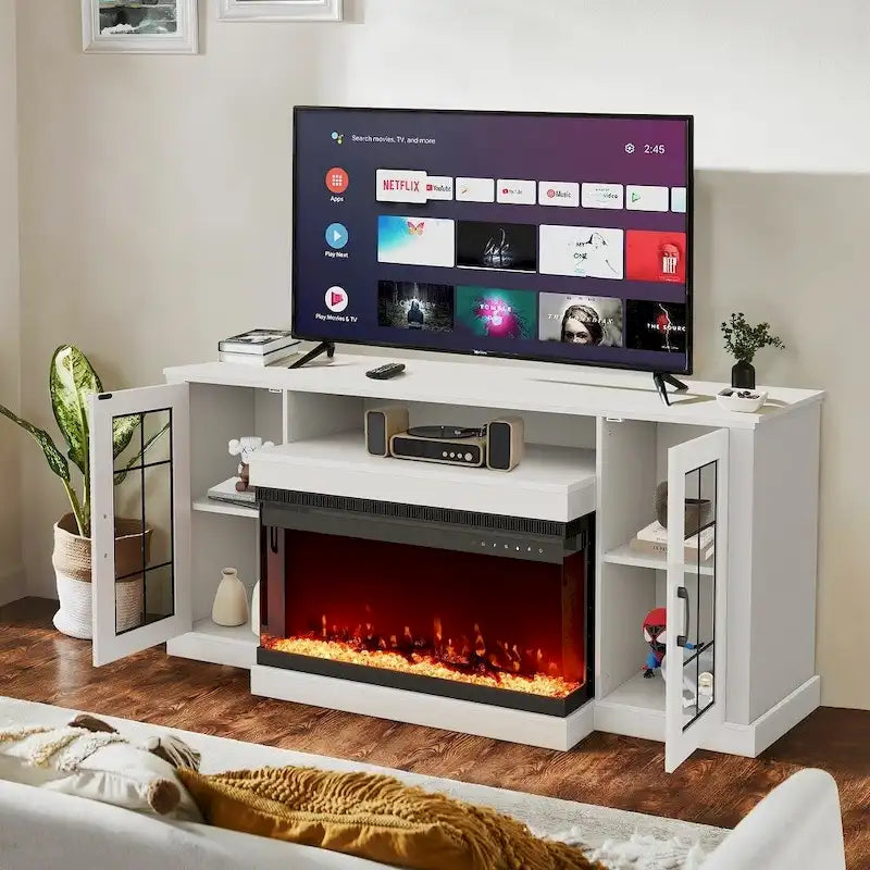 Meuble TV Erommy avec étagères en verre réglables et cheminée électrique intégrée - 70