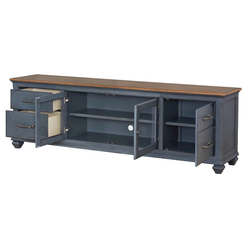 Meuble TV Bridgevine Home Americana 84 po pour téléviseurs jusqu'à 90 po, aucun assemblage requis, fini bleu velours côtelé