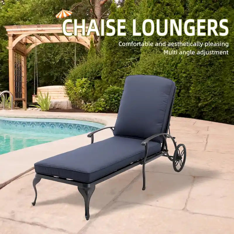 Chaise longue de jardin inclinable en aluminium avec roulettes et coussins