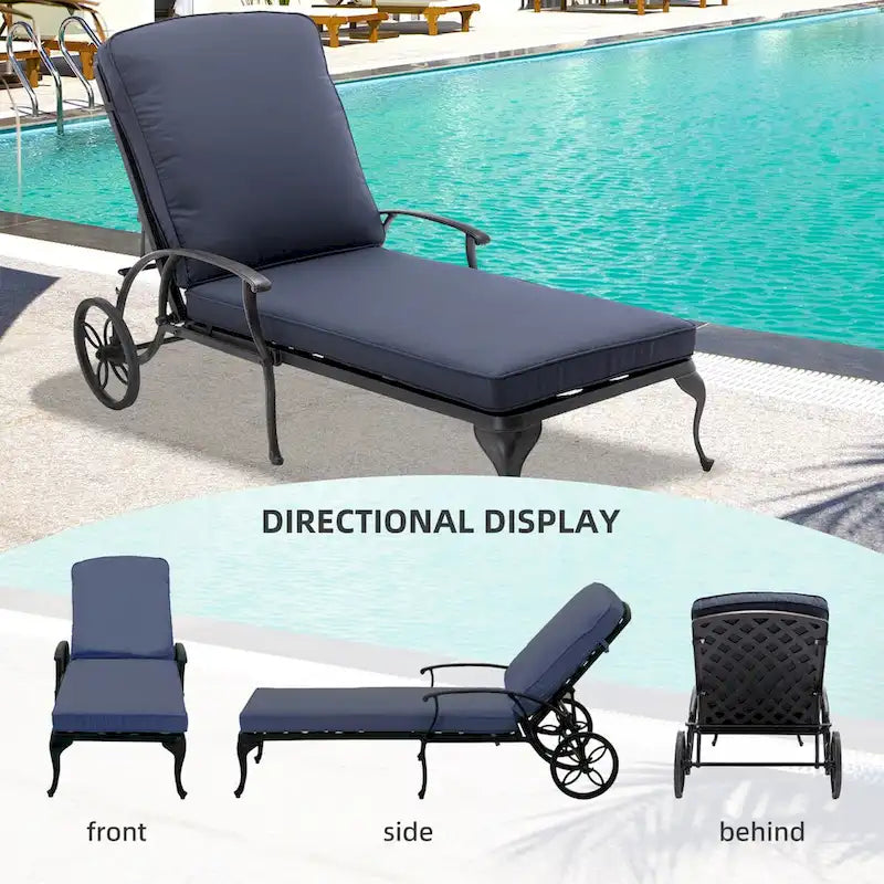 Chaise longue de jardin inclinable en aluminium avec roulettes et coussins