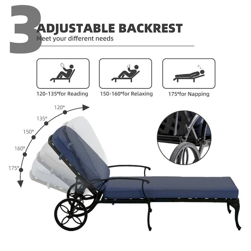 Chaise longue de jardin inclinable en aluminium avec roulettes et coussins