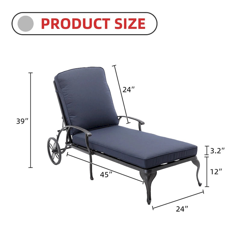 Chaise longue de jardin inclinable en aluminium avec roulettes et coussins