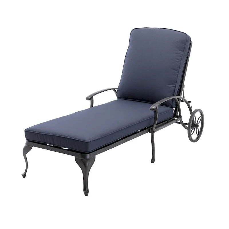 Chaise longue de jardin inclinable en aluminium avec roulettes et coussins