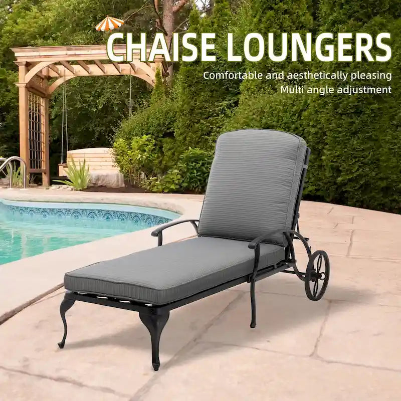 Chaise longue de jardin inclinable en aluminium avec roulettes et coussins