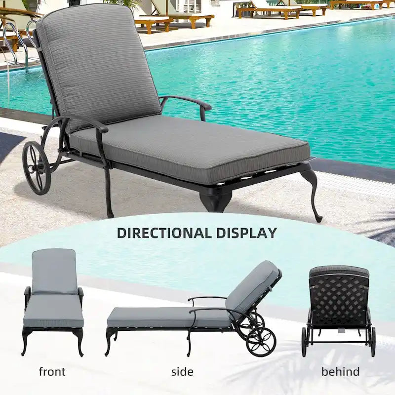 Chaise longue de jardin inclinable en aluminium avec roulettes et coussins