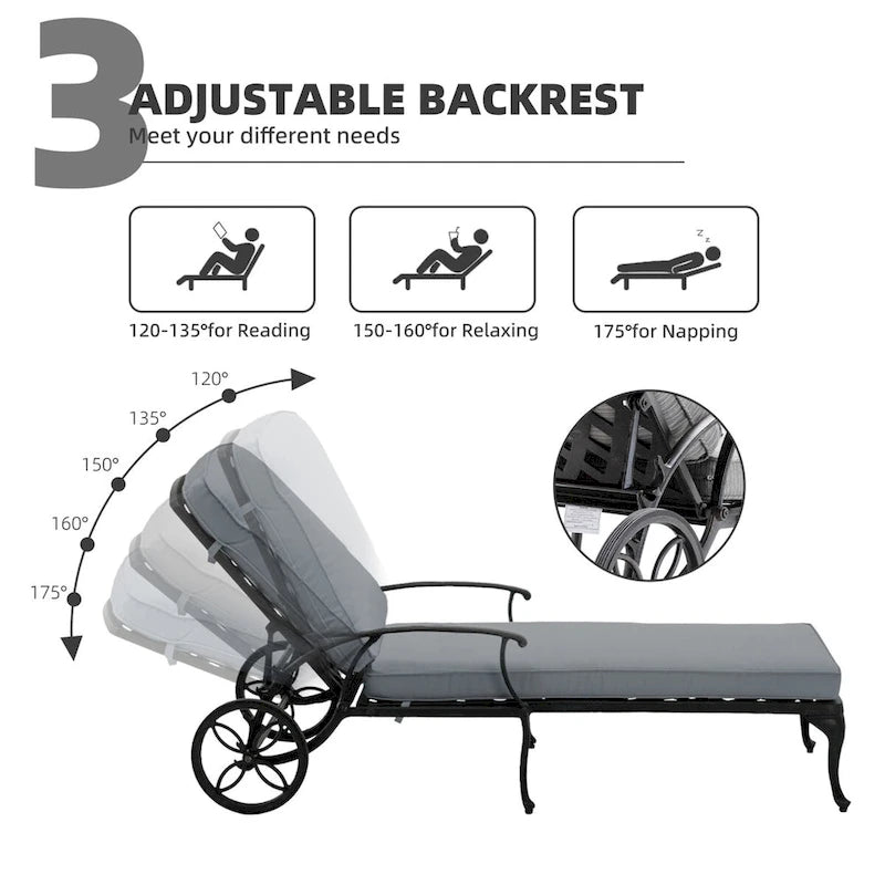 Chaise longue de jardin inclinable en aluminium avec roulettes et coussins