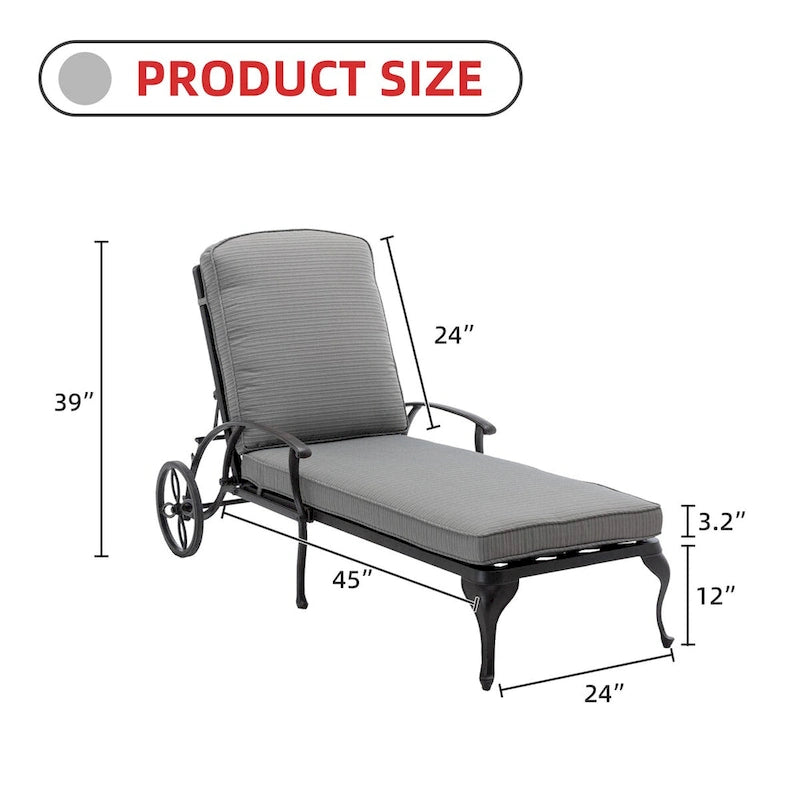 Chaise longue de jardin inclinable en aluminium avec roulettes et coussins