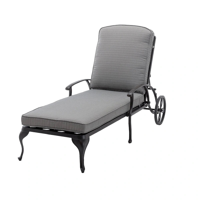 Chaise longue de jardin inclinable en aluminium avec roulettes et coussins