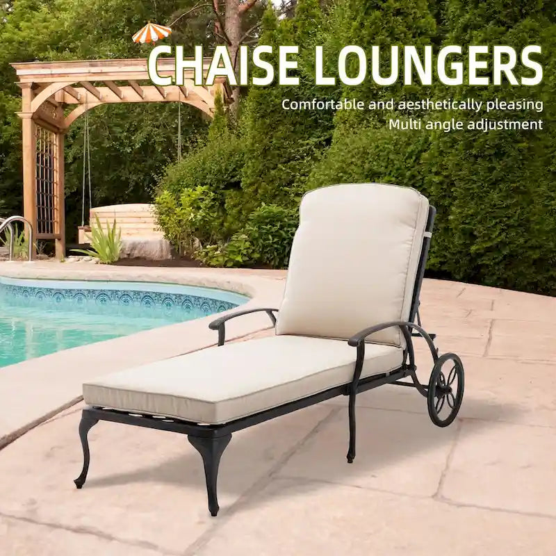 Chaise longue de jardin inclinable en aluminium avec roulettes et coussins