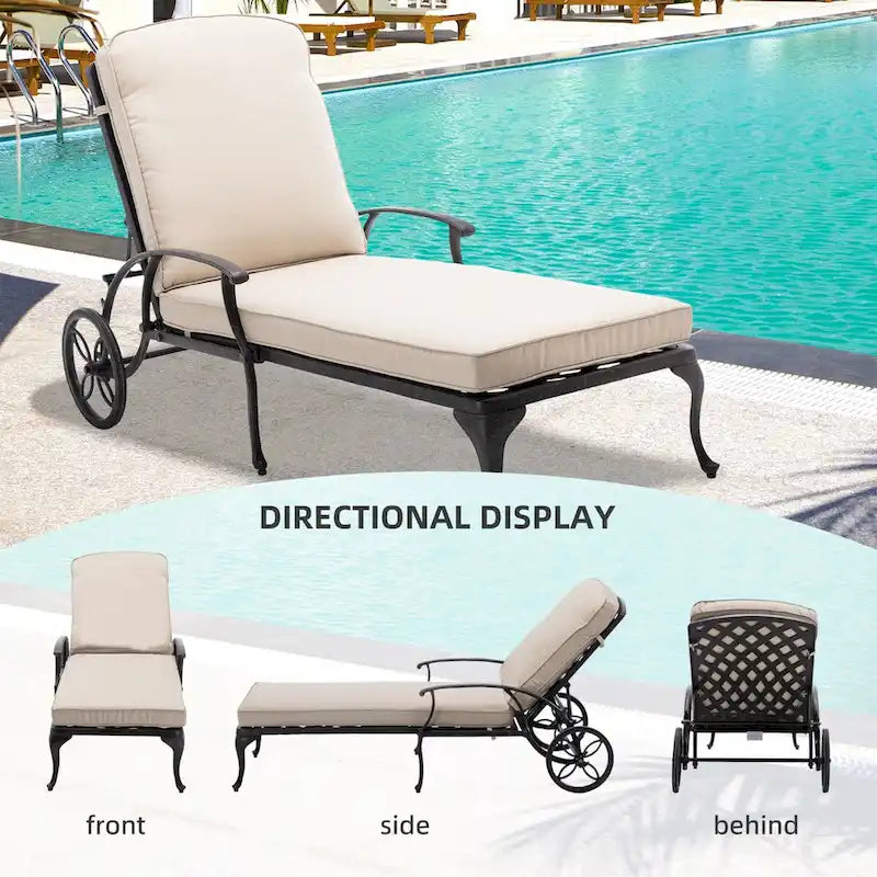 Chaise longue de jardin inclinable en aluminium avec roulettes et coussins