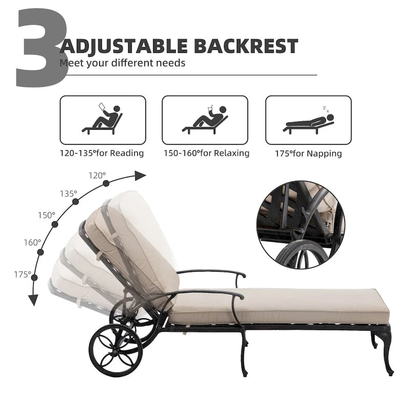 Chaise longue de jardin inclinable en aluminium avec roulettes et coussins