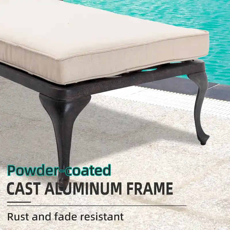 Chaise longue de jardin inclinable en aluminium avec roulettes et coussins
