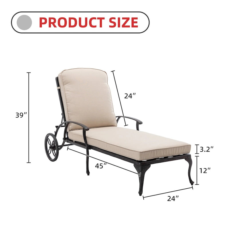 Chaise longue de jardin inclinable en aluminium avec roulettes et coussins
