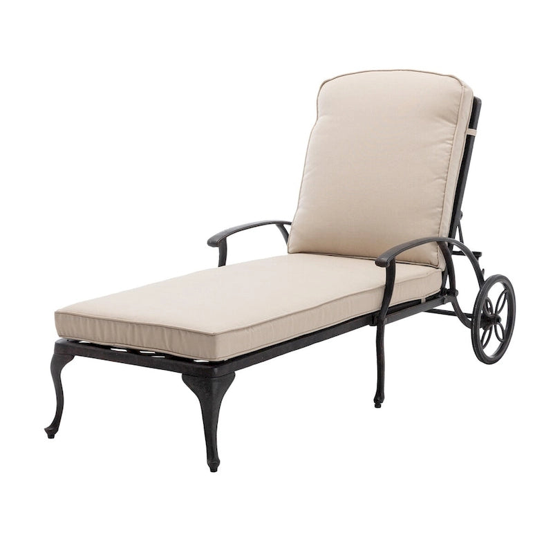 Chaise longue de jardin inclinable en aluminium avec roulettes et coussins