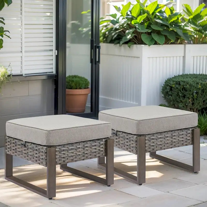Gymojoy Patio extérieur en rotin avec 2 poufs – Gris