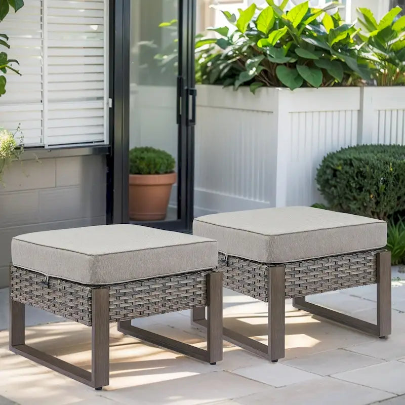 Gymojoy Outdoor Patio Rattan 2 Ottomans - Grey