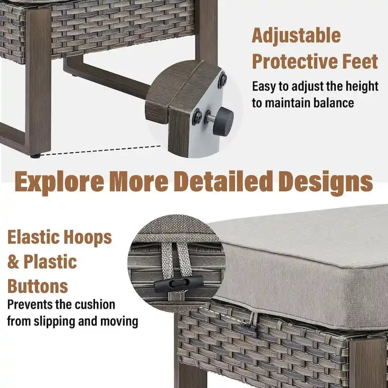 Gymojoy Patio extérieur en rotin avec 2 poufs – Gris