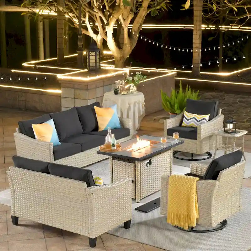 HOOOWOOO Ensemble de 6 meubles de patio en osier avec table brasero