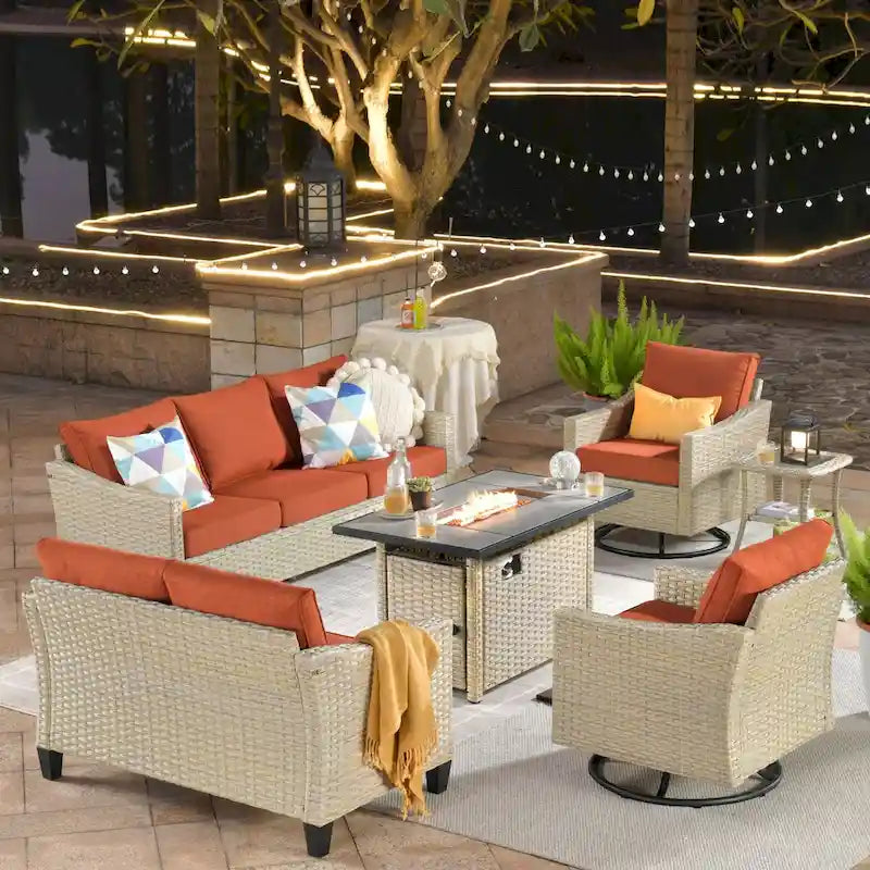 HOOOWOOO Ensemble de 6 meubles de patio en osier avec table brasero