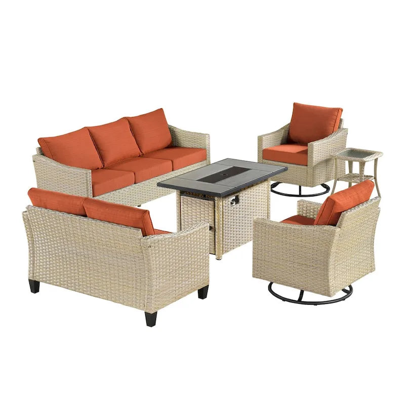 HOOOWOOO Ensemble de 6 meubles de patio en osier avec table brasero