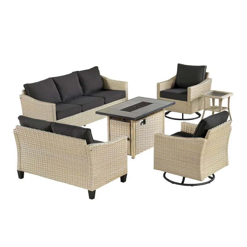 HOOOWOOO Ensemble de 6 meubles de patio en osier avec table brasero