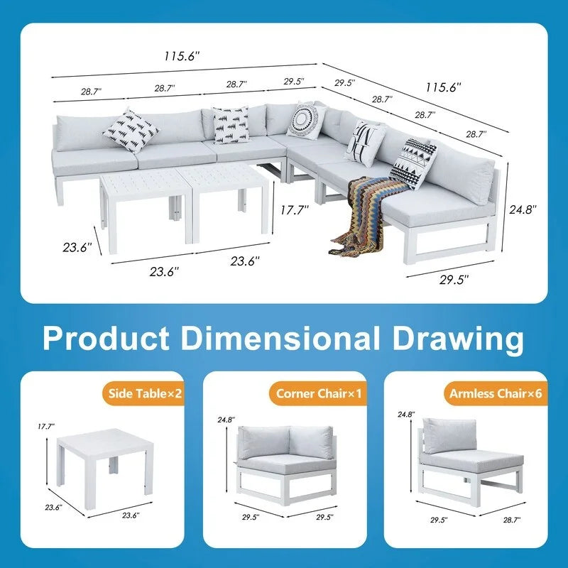 FINCATI Ensemble de Meubles de Salon de Jardin Modulable en Aluminium, 9 Pièces, avec Table