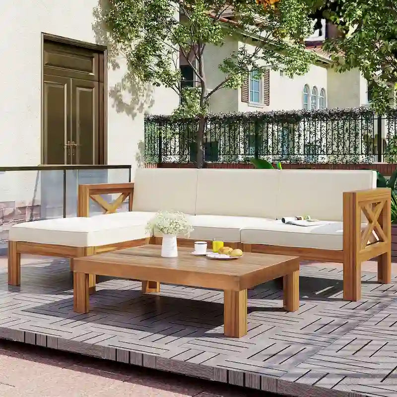 Ensemble de canapé d'angle en bois 5 pièces avec finition naturelle et tissus à fermeture éclair améliorés - Panneaux verrouillables pour plus de sécurité