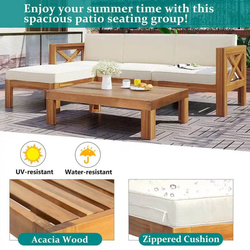 Ensemble de canapé d'angle en bois 5 pièces avec finition naturelle et tissus à fermeture éclair améliorés - Panneaux verrouillables pour plus de sécurité