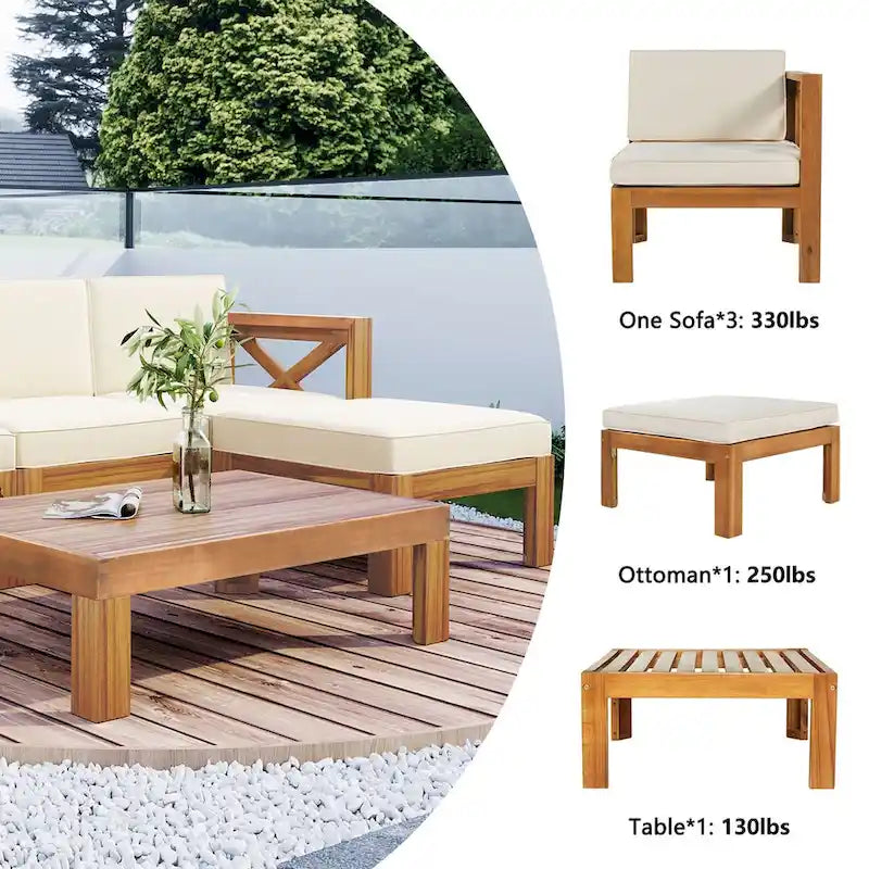 Ensemble de canapé d'angle en bois 5 pièces avec finition naturelle et tissus à fermeture éclair améliorés - Panneaux verrouillables pour plus de sécurité