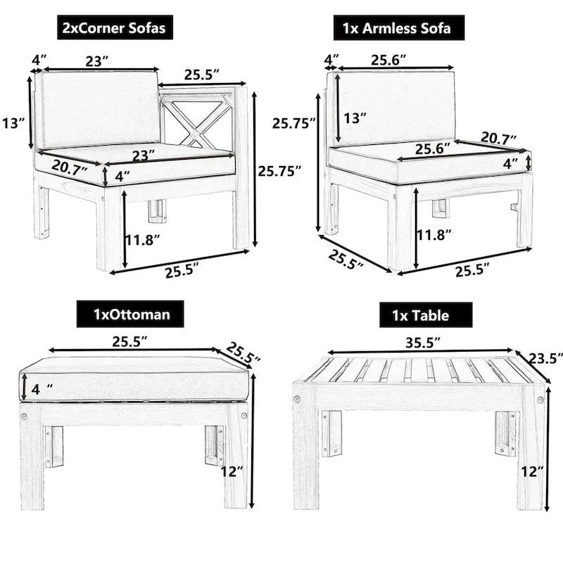 Ensemble de canapé d'angle en bois 5 pièces avec finition naturelle et tissus à fermeture éclair améliorés - Panneaux verrouillables pour plus de sécurité