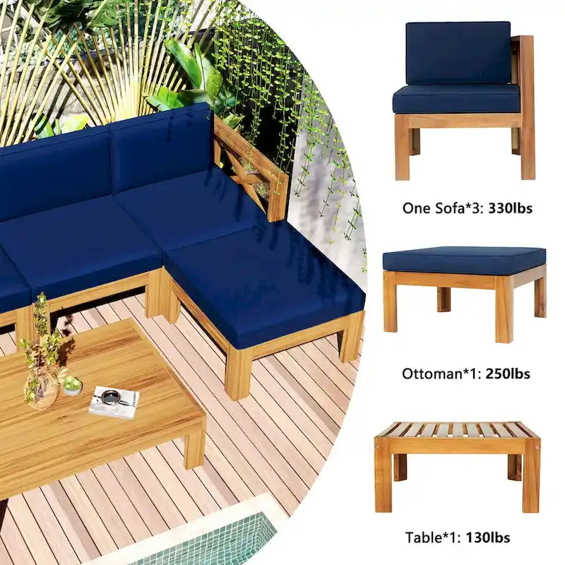 Ensemble de canapé d'angle en bois 5 pièces avec finition naturelle et tissus à fermeture éclair améliorés - Panneaux verrouillables pour plus de sécurité