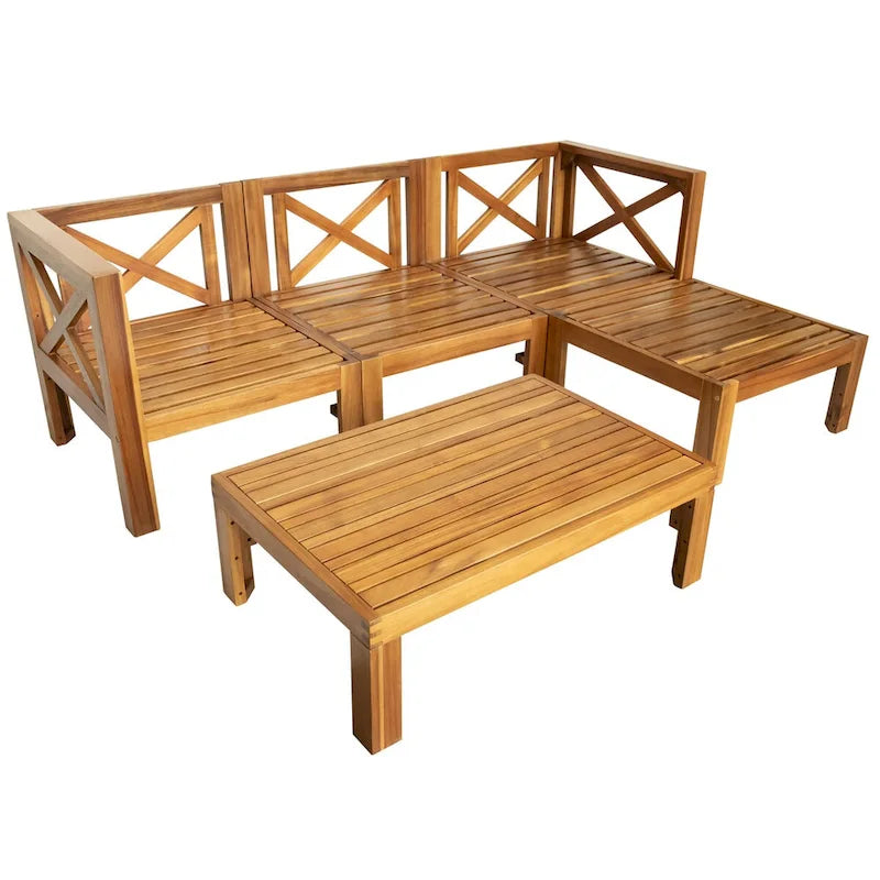 Ensemble de canapé d'angle en bois 5 pièces avec finition naturelle et tissus à fermeture éclair améliorés - Panneaux verrouillables pour plus de sécurité