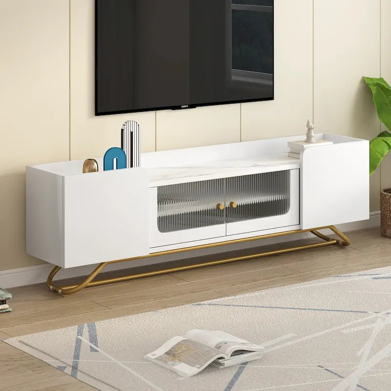Meuble TV avec verre cannelé, meuble TV pour téléviseurs jusqu'à 70 pouces, console TV avec plateau en faux marbre et base à cadre doré