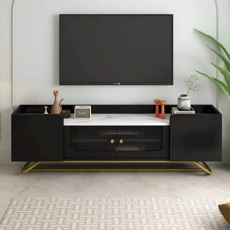 Meuble TV avec verre cannelé, meuble TV pour téléviseurs jusqu'à 70 pouces, console TV avec plateau en faux marbre et base à cadre doré