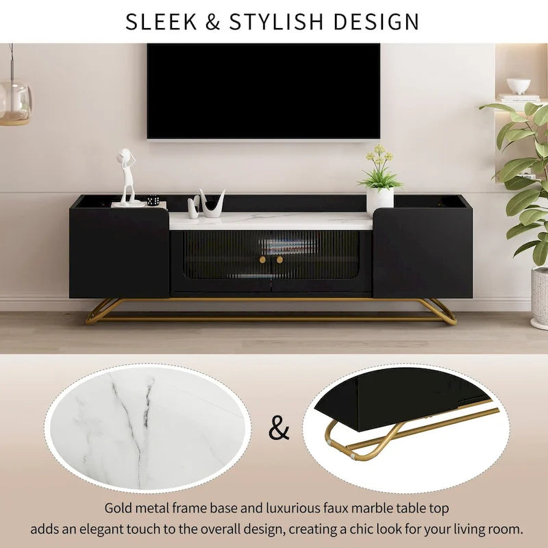 Meuble TV avec verre cannelé, meuble TV pour téléviseurs jusqu'à 70 pouces, console TV avec plateau en faux marbre et base à cadre doré