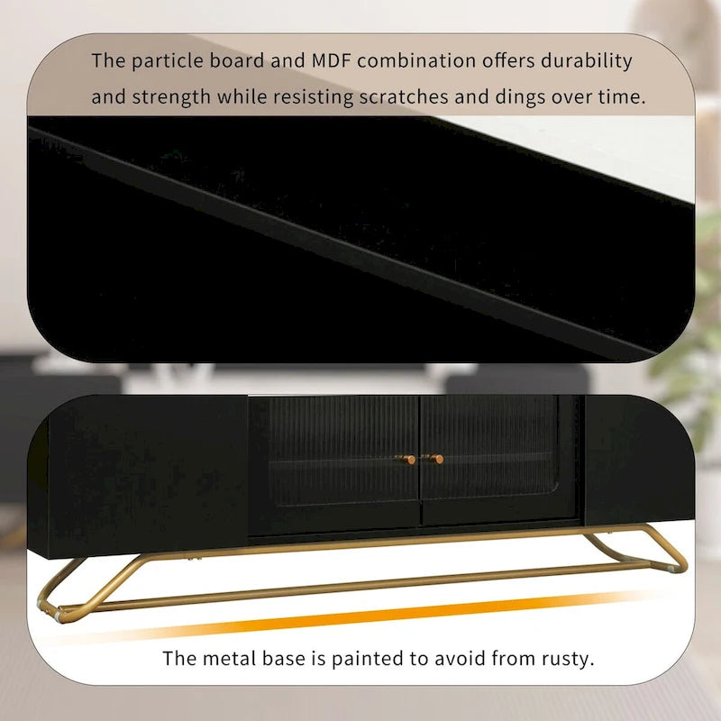 Meuble TV avec verre cannelé, meuble TV pour téléviseurs jusqu'à 70 pouces, console TV avec plateau en faux marbre et base à cadre doré