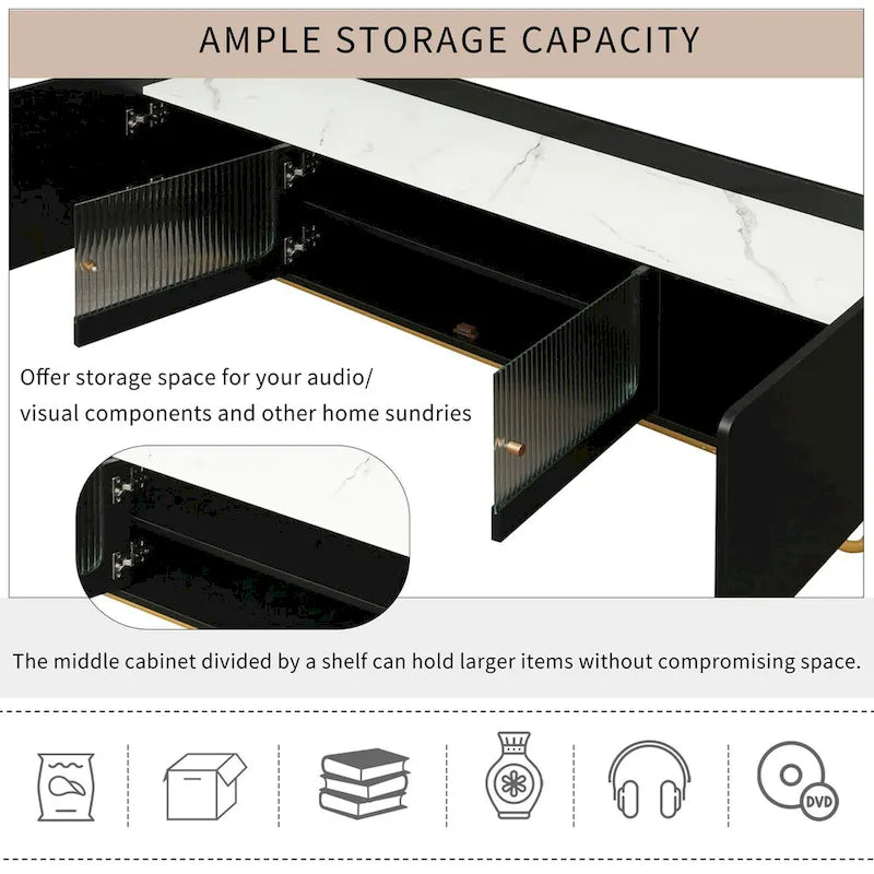 Meuble TV avec verre cannelé, meuble TV pour téléviseurs jusqu'à 70 pouces, console TV avec plateau en faux marbre et base à cadre doré