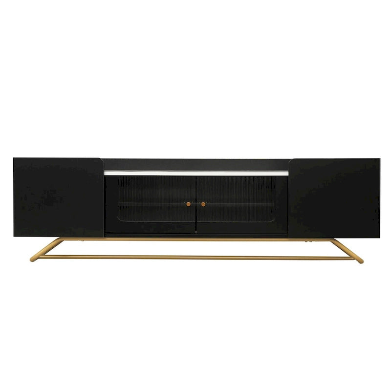 Meuble TV avec verre cannelé, meuble TV pour téléviseurs jusqu'à 70 pouces, console TV avec plateau en faux marbre et base à cadre doré