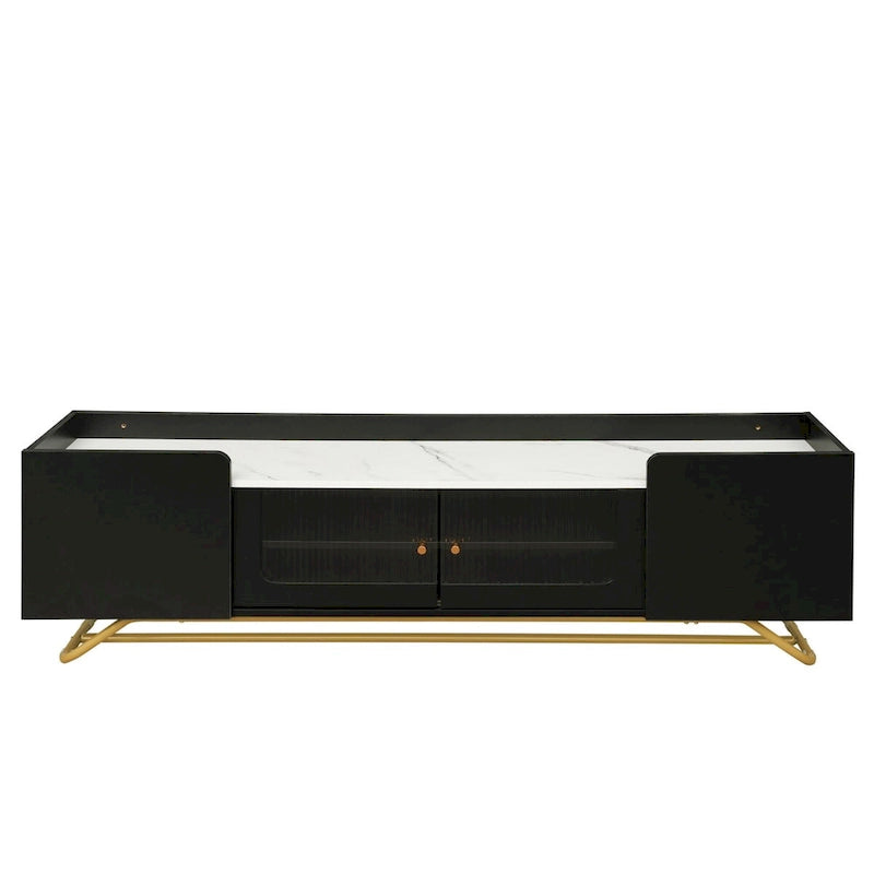Meuble TV avec verre cannelé, meuble TV pour téléviseurs jusqu'à 70 pouces, console TV avec plateau en faux marbre et base à cadre doré