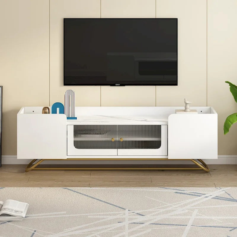 Meuble TV avec verre cannelé, meuble TV pour téléviseurs jusqu'à 70 pouces, console TV avec plateau en faux marbre et base à cadre doré