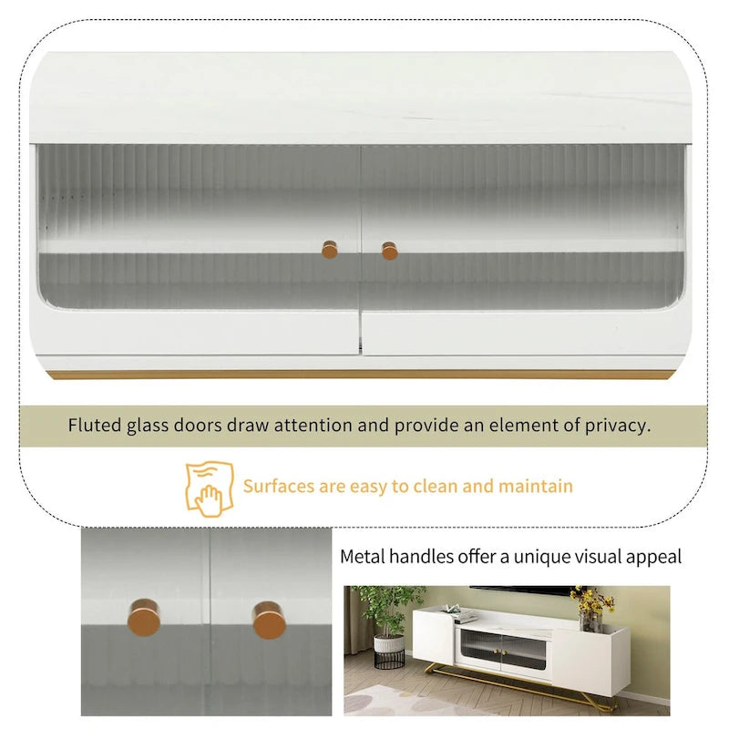 Meuble TV avec verre cannelé, meuble TV pour téléviseurs jusqu'à 70 pouces, console TV avec plateau en faux marbre et base à cadre doré