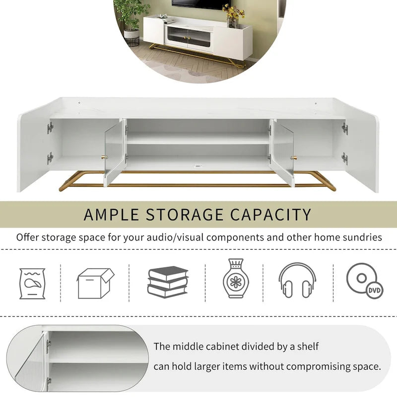 Meuble TV avec verre cannelé, meuble TV pour téléviseurs jusqu'à 70 pouces, console TV avec plateau en faux marbre et base à cadre doré