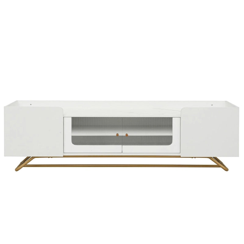 Meuble TV avec verre cannelé, meuble TV pour téléviseurs jusqu'à 70 pouces, console TV avec plateau en faux marbre et base à cadre doré