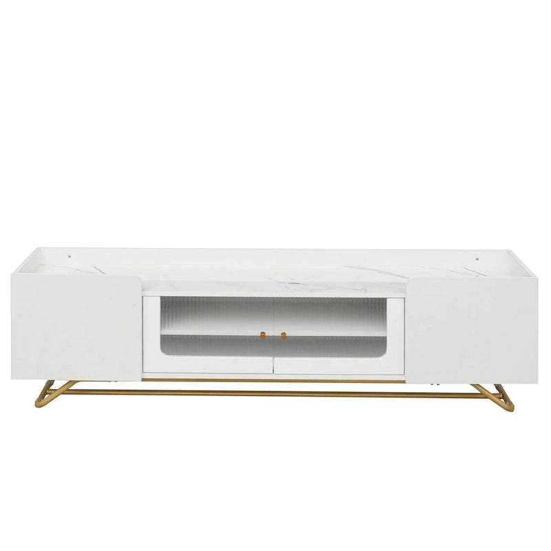 Meuble TV avec verre cannelé, meuble TV pour téléviseurs jusqu'à 70 pouces, console TV avec plateau en faux marbre et base à cadre doré