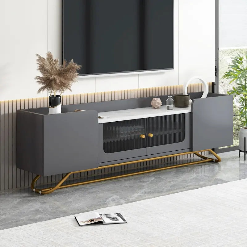Meuble TV avec verre cannelé, meuble TV pour téléviseurs jusqu'à 70 pouces, console TV avec plateau en faux marbre et base à cadre doré