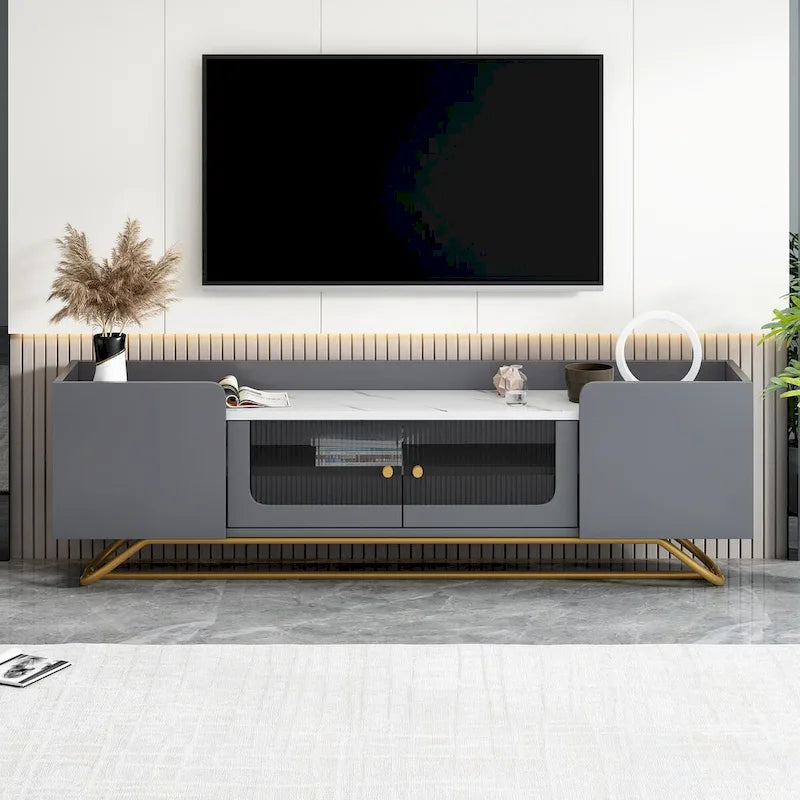 Meuble TV avec verre cannelé, meuble TV pour téléviseurs jusqu'à 70 pouces, console TV avec plateau en faux marbre et base à cadre doré