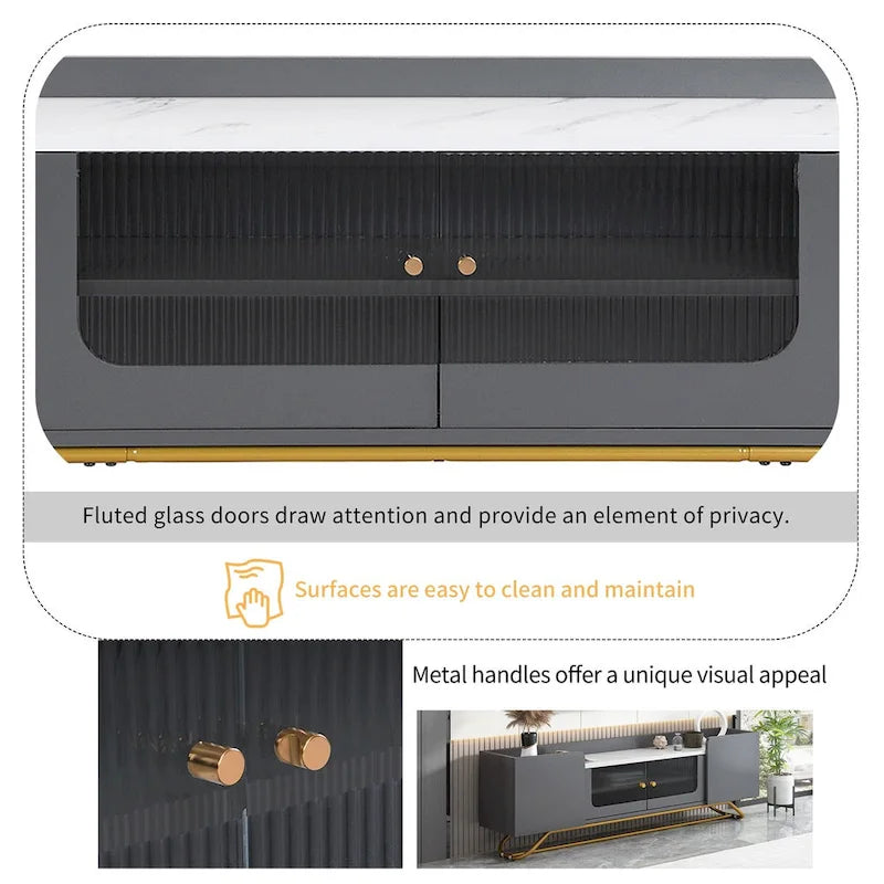 Meuble TV avec verre cannelé, meuble TV pour téléviseurs jusqu'à 70 pouces, console TV avec plateau en faux marbre et base à cadre doré