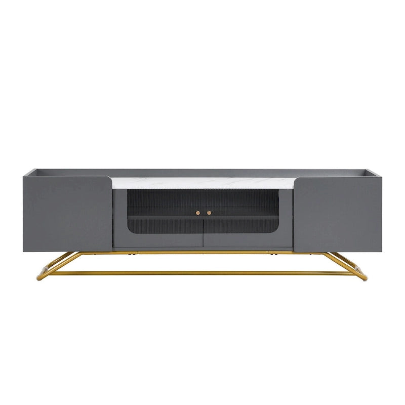 Meuble TV avec verre cannelé, meuble TV pour téléviseurs jusqu'à 70 pouces, console TV avec plateau en faux marbre et base à cadre doré