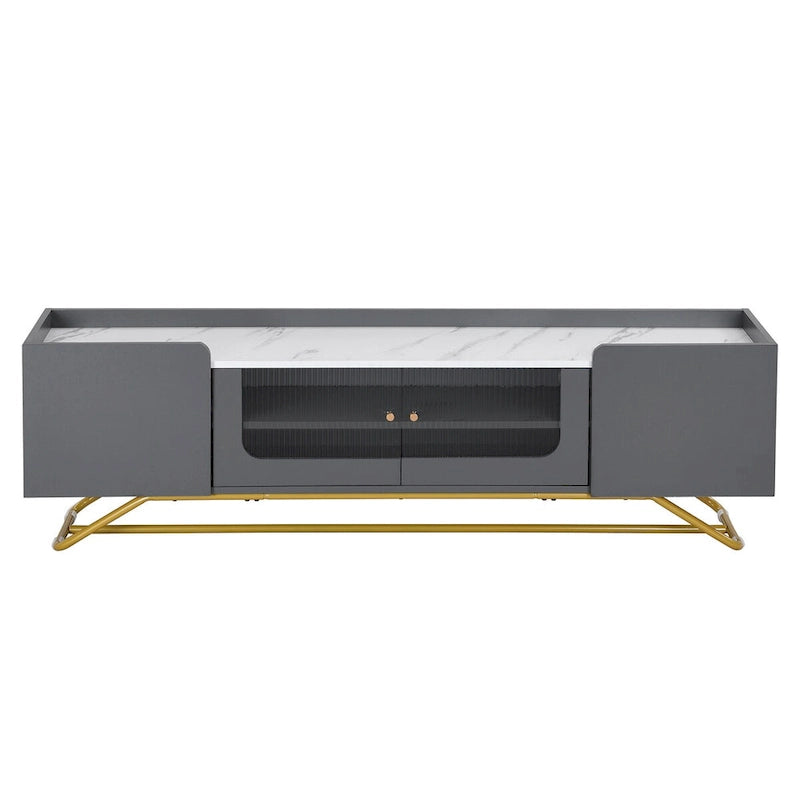 Meuble TV avec verre cannelé, meuble TV pour téléviseurs jusqu'à 70 pouces, console TV avec plateau en faux marbre et base à cadre doré