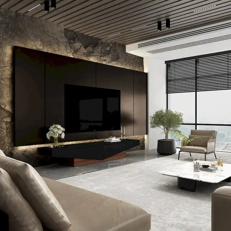 Meuble TV, Meuble multimédia noir et blanc avec 2 tiroirs - 78,7W